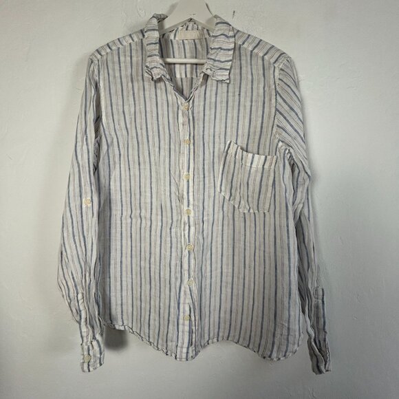 CP Shades Womens 100% Linen Striped Button-Up Shirt Large Blue/White Long Sleeve - Picture 1 of 7